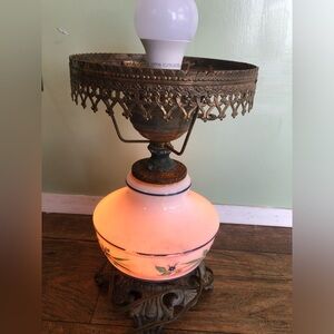 Small Hurricane Milk Glass Lamp Gone With The Wind Floral With Brass Base TLC*
